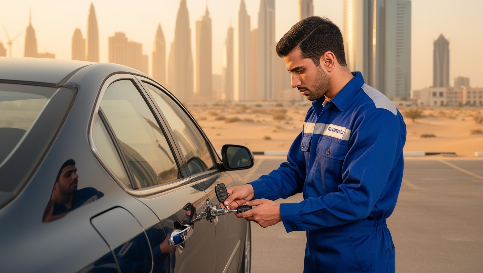 Al Batal locksmith technician working on a car in Abu Dhabi